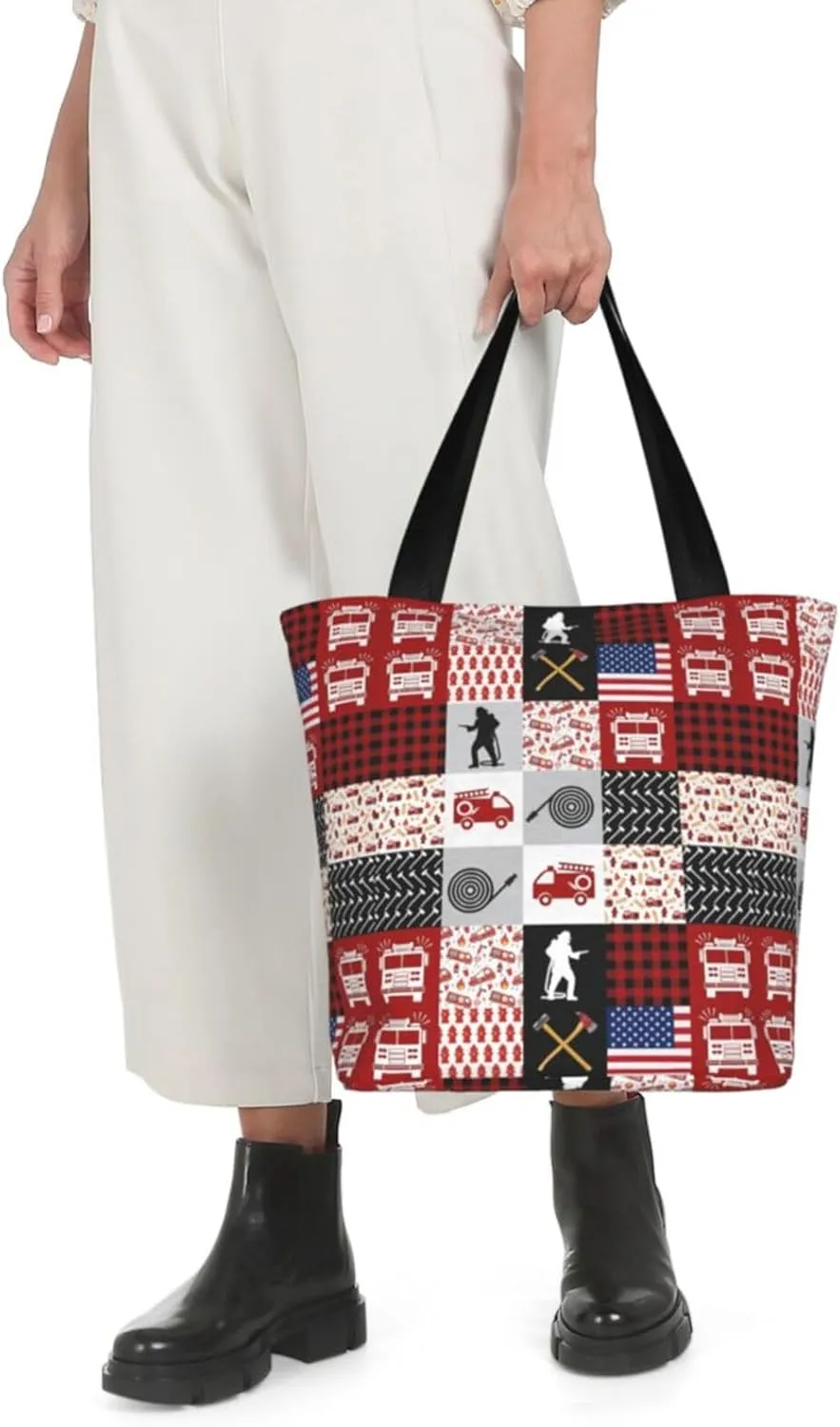 Firefighters Firemen Badges Fire Trucks Flames Women's Tote Bag Lightweight Shopping Handbag Travel Shoulder Bag