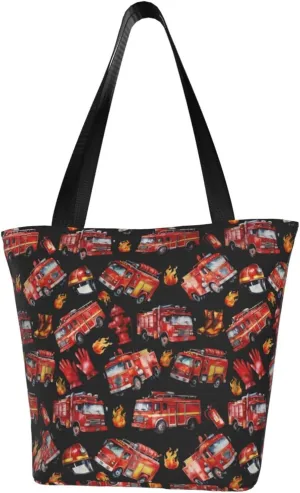 Firefighters Firemen Badges Fire Trucks Flames Women's Tote Bag Lightweight Shopping Handbag Travel Shoulder Bag