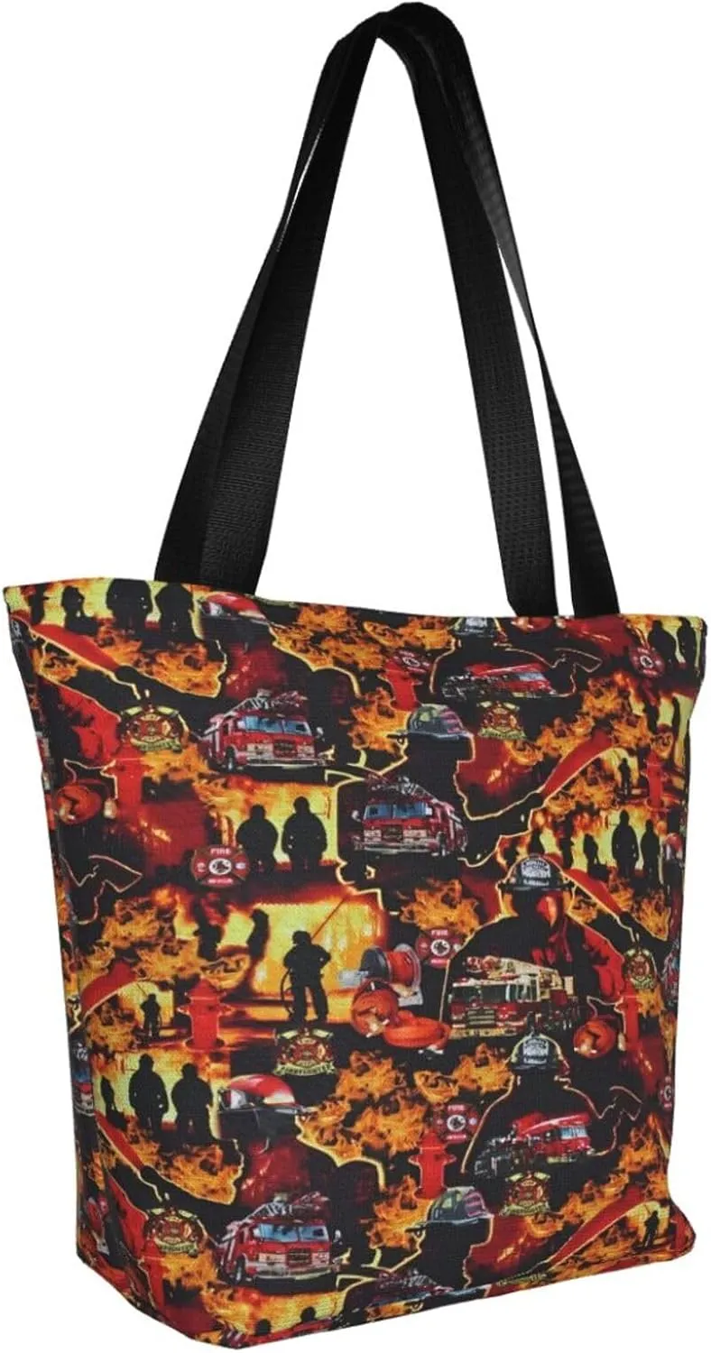 Firefighters Firemen Badges Fire Trucks Flames Women's Tote Bag Lightweight Shopping Handbag Travel Shoulder Bag