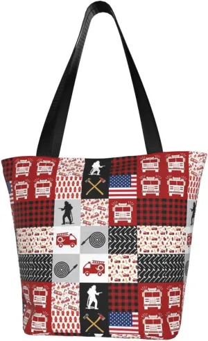 Firefighters Firemen Badges Fire Trucks Flames Women's Tote Bag Lightweight Shopping Handbag Travel Shoulder Bag
