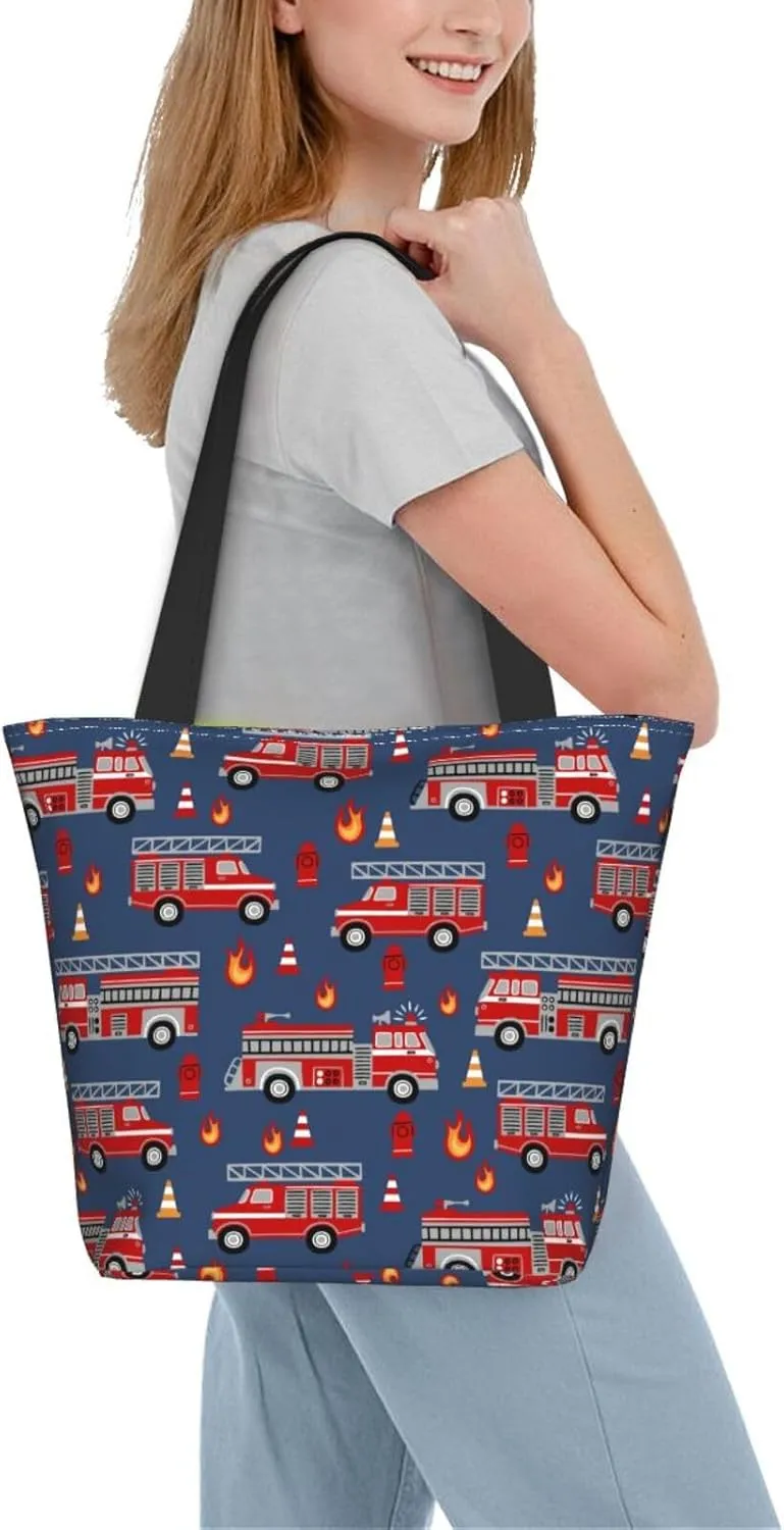 Firefighters Firemen Badges Fire Trucks Flames Women's Tote Bag Lightweight Shopping Handbag Travel Shoulder Bag