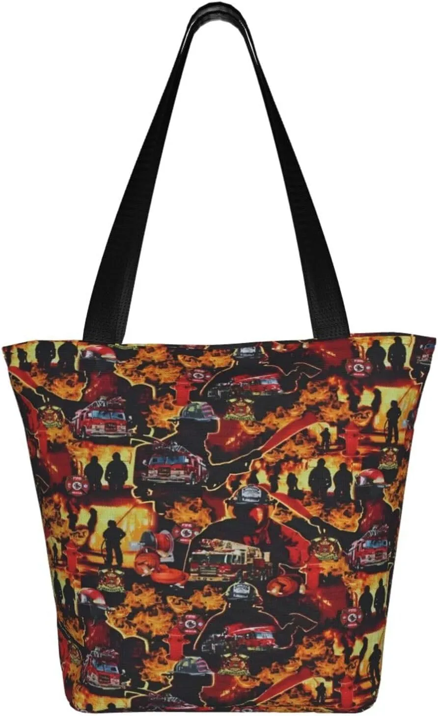 Firefighters Firemen Badges Fire Trucks Flames Women's Tote Bag Lightweight Shopping Handbag Travel Shoulder Bag