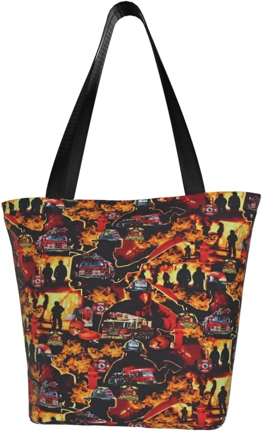 Firefighters Firemen Badges Fire Trucks Flames Women's Tote Bag Lightweight Shopping Handbag Travel Shoulder Bag