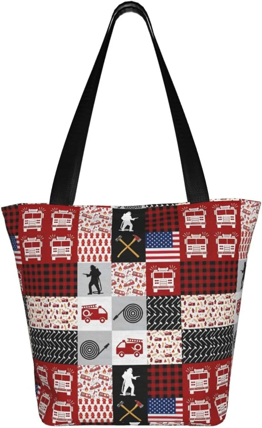 Firefighters Firemen Badges Fire Trucks Flames Women's Tote Bag Lightweight Shopping Handbag Travel Shoulder Bag