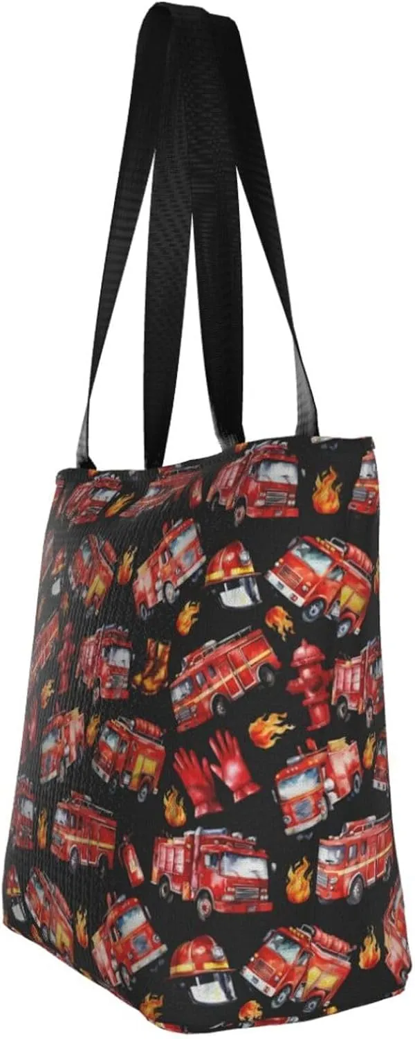 Firefighters Firemen Badges Fire Trucks Flames Women's Tote Bag Lightweight Shopping Handbag Travel Shoulder Bag