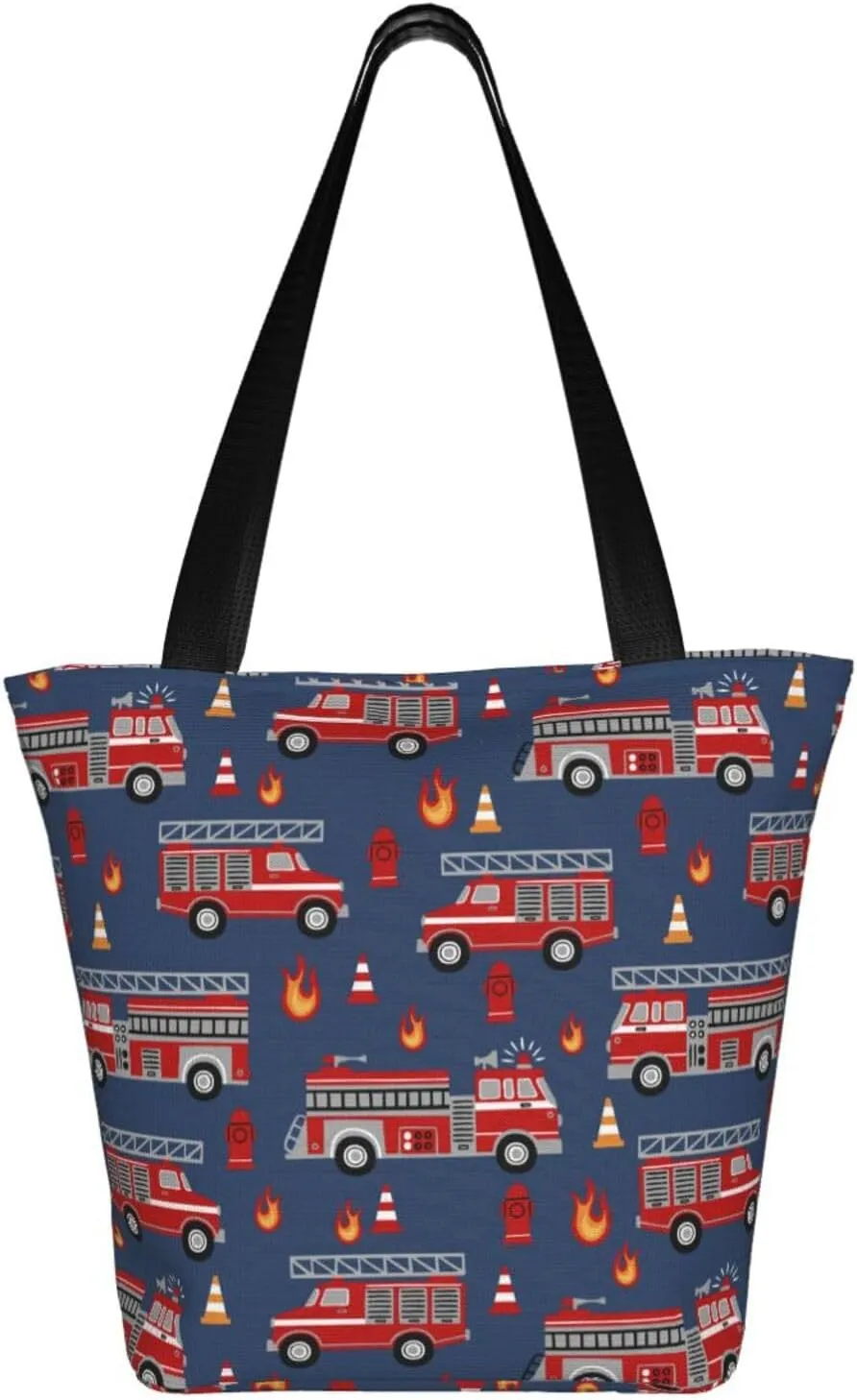 Firefighters Firemen Badges Fire Trucks Flames Women's Tote Bag Lightweight Shopping Handbag Travel Shoulder Bag