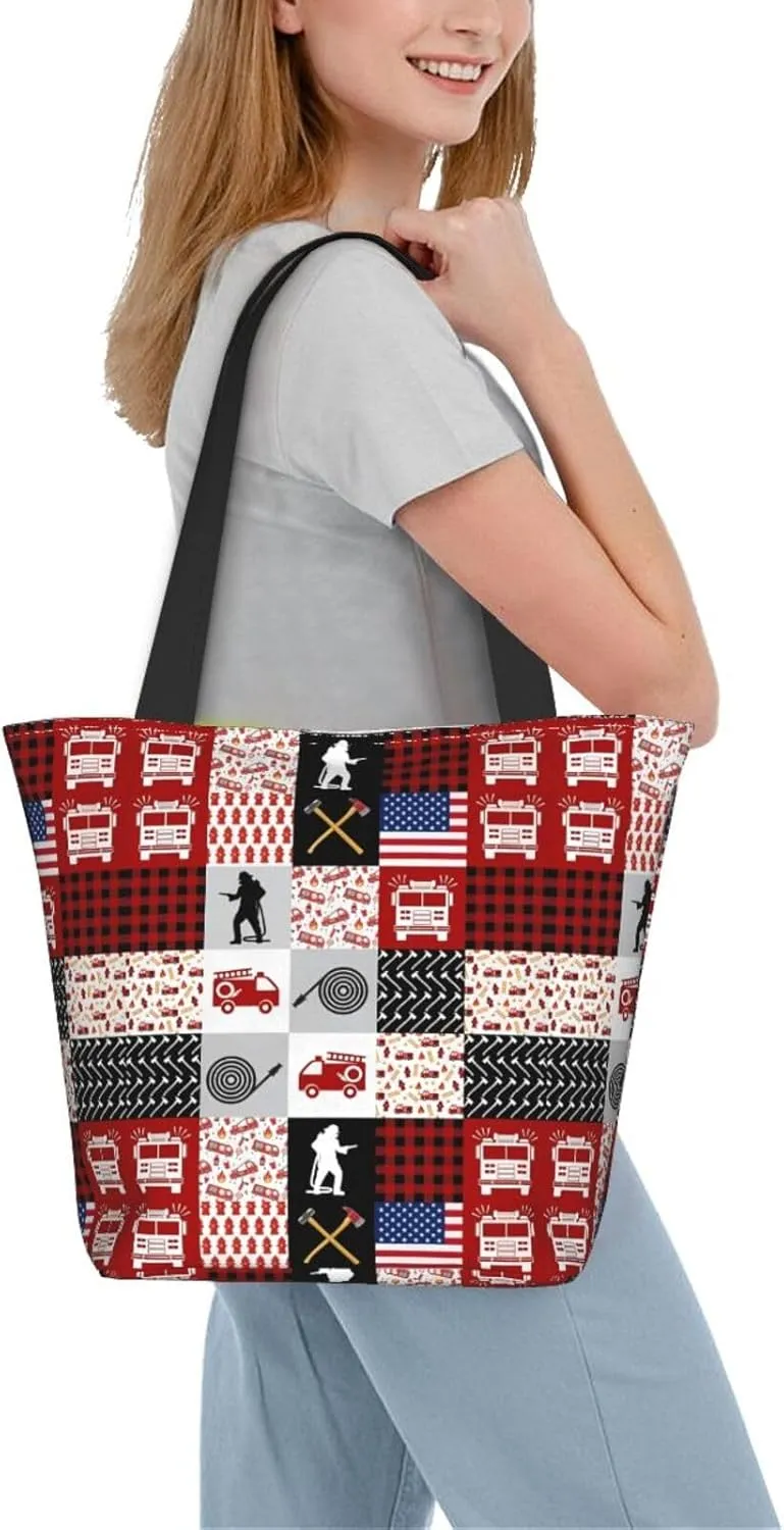 Firefighters Firemen Badges Fire Trucks Flames Women's Tote Bag Lightweight Shopping Handbag Travel Shoulder Bag