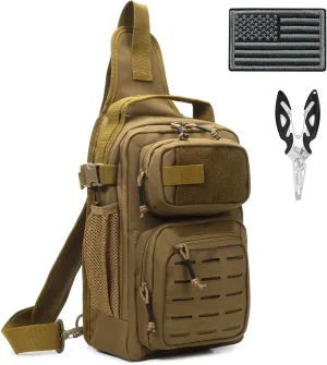 Fishing Backpack, 12L Tackle Storage Sling Bag Lightweight Tactical Shoulder Backpack Tool Bag with US Flag Patch and Fishing Plier (1 Pack Tan)