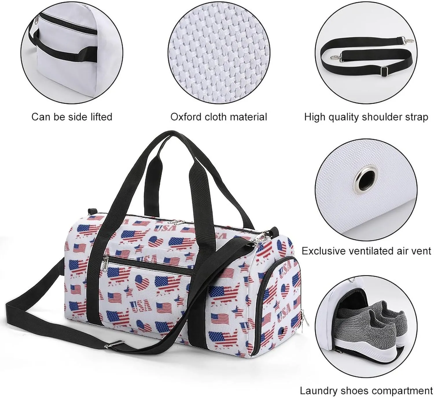 Flat Usa Flag Sports Tote Gym Bag for Women Men, Overnight Bag with Shoe Compartment Water Resistant