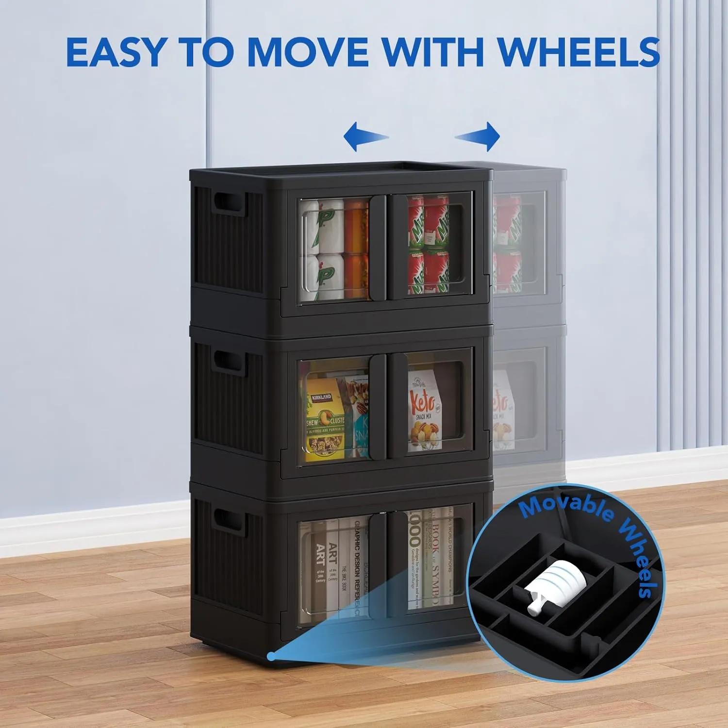 FLEXIMOUNTS 110 QT Stackable Storage Bins With Lids, Collapsible Plastic Storage Bins, Closet Organizers and Storage Containers with Doors For Home, Black, 19" L x 12.2" W x 34.3" H