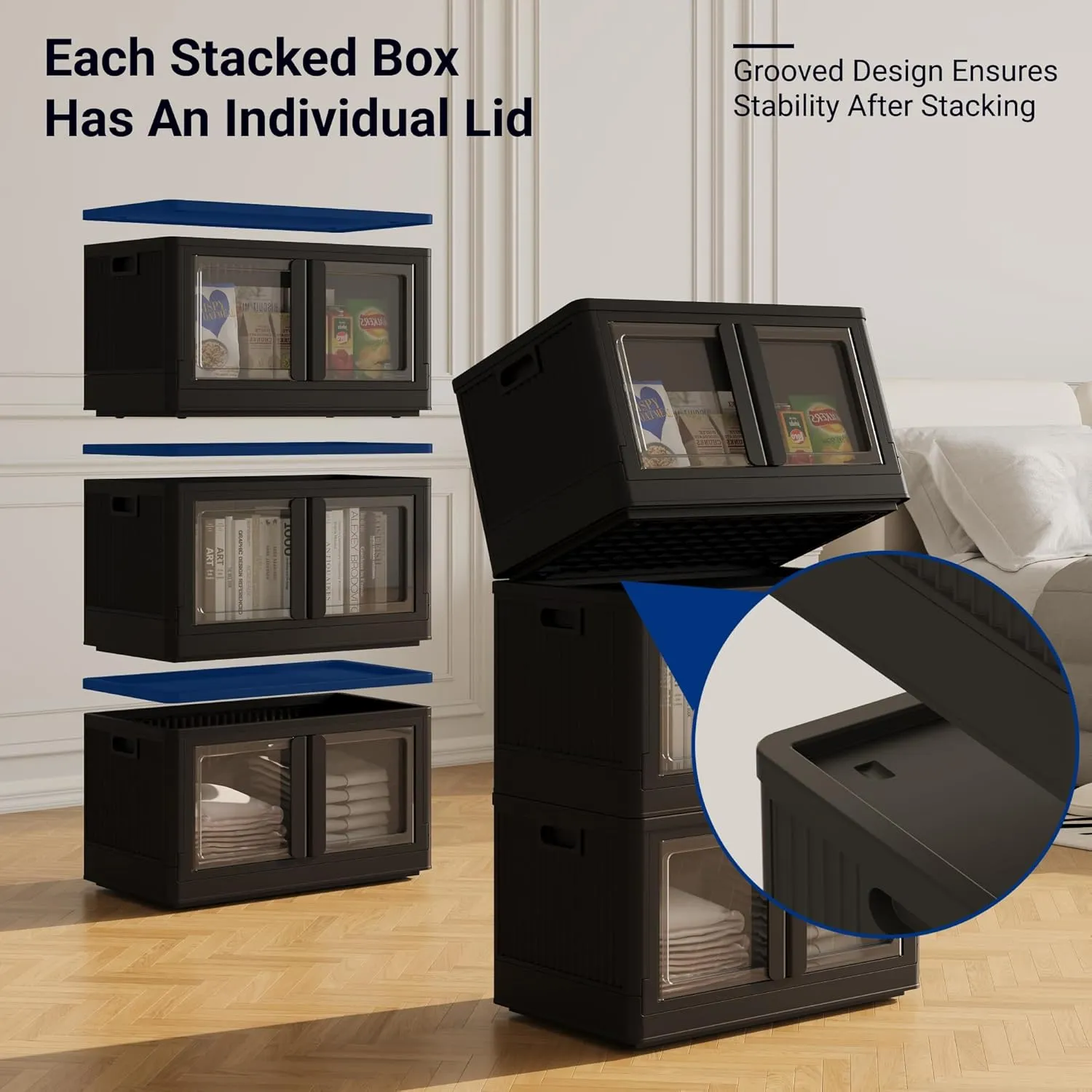 FLEXIMOUNTS 110 QT Stackable Storage Bins With Lids, Collapsible Plastic Storage Bins, Closet Organizers and Storage Containers with Doors For Home, Black, 19" L x 12.2" W x 34.3" H