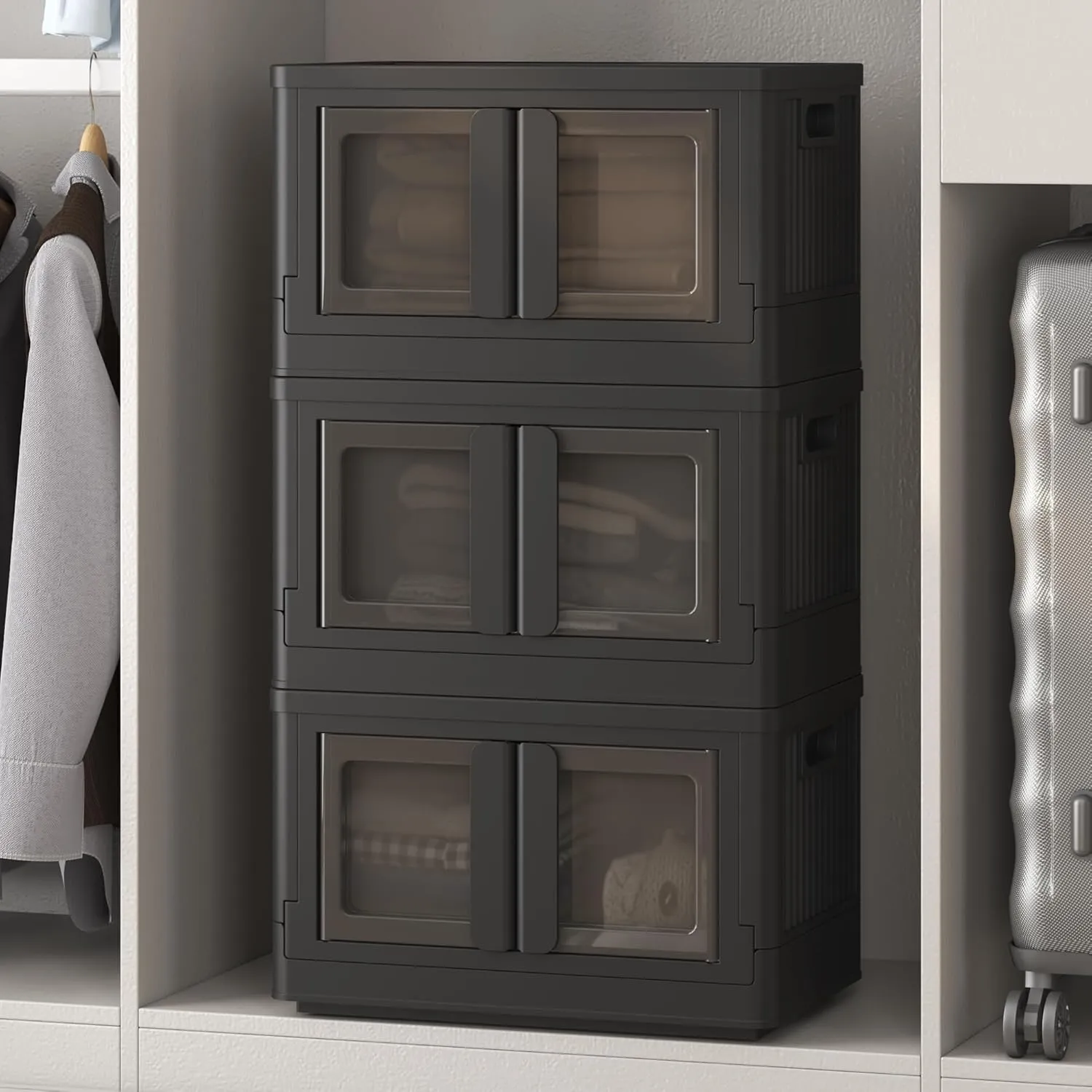 FLEXIMOUNTS 110 QT Stackable Storage Bins With Lids, Collapsible Plastic Storage Bins, Closet Organizers and Storage Containers with Doors For Home, Black, 19" L x 12.2" W x 34.3" H