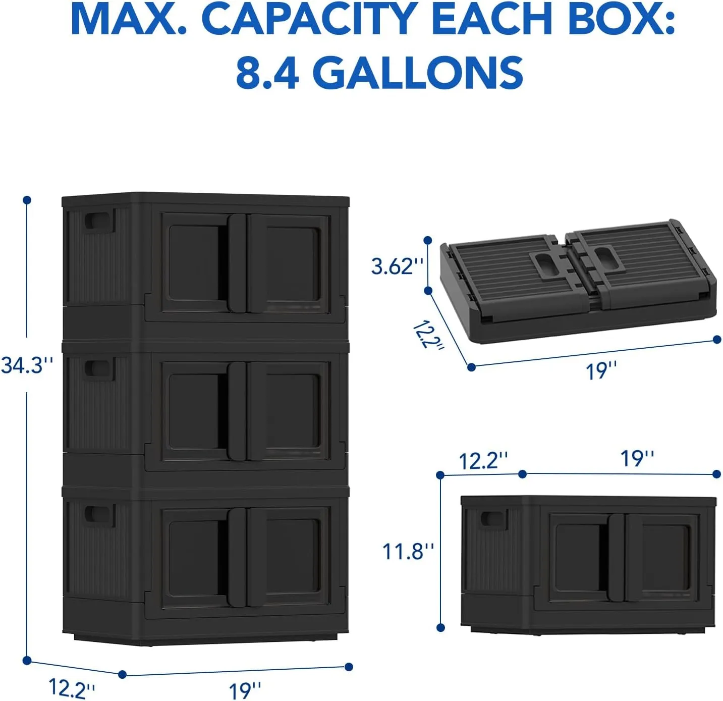 FLEXIMOUNTS 110 QT Stackable Storage Bins With Lids, Collapsible Plastic Storage Bins, Closet Organizers and Storage Containers with Doors For Home, Black, 19" L x 12.2" W x 34.3" H