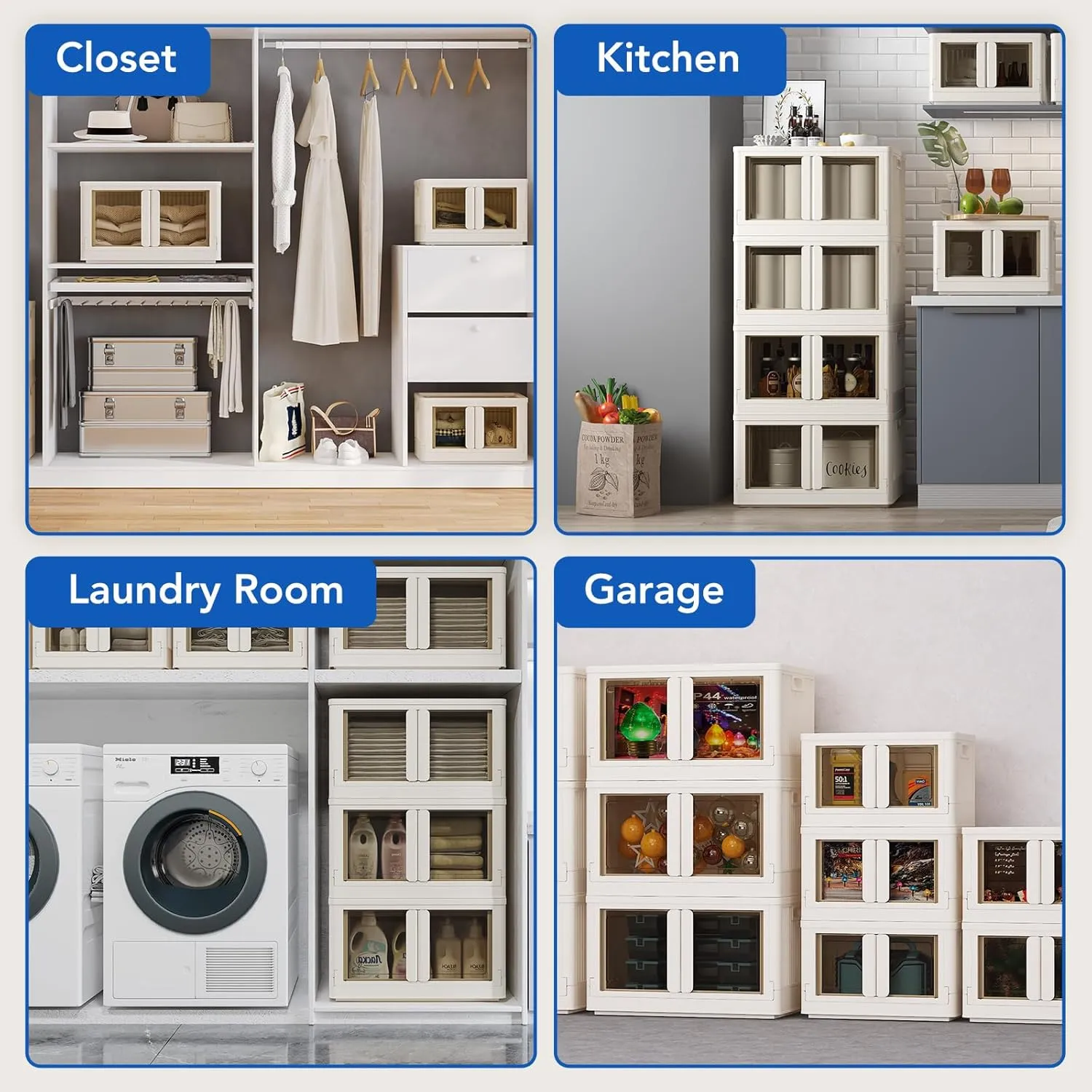 FLEXIMOUNTS Stackable Storage Bins with Lids, Collapsible Plastic Storage Bins, 304 QT-4 Pack Closet Organizers and Containers with Doors for Home, Milky White, 25" L x 15.5" W x 56" H