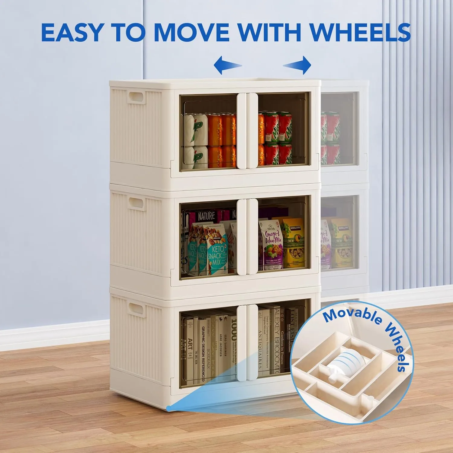 FLEXIMOUNTS Stackable Storage Bins with Lids, Collapsible Plastic Storage Bins, 304 QT-4 Pack Closet Organizers and Containers with Doors for Home, Milky White, 25" L x 15.5" W x 56" H