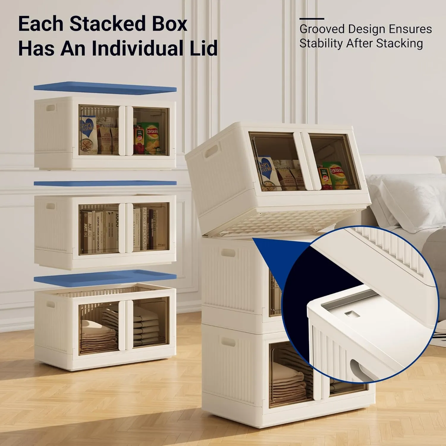 FLEXIMOUNTS Stackable Storage Bins with Lids, Collapsible Plastic Storage Bins, 304 QT-4 Pack Closet Organizers and Containers with Doors for Home, Milky White, 25" L x 15.5" W x 56" H