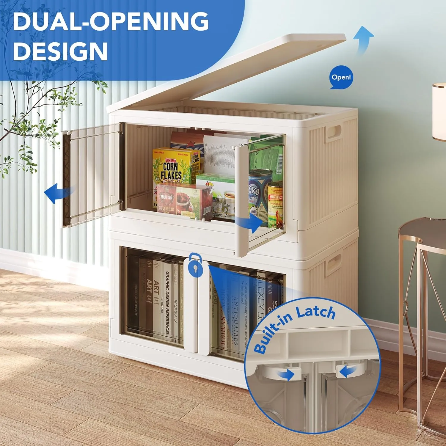 FLEXIMOUNTS Stackable Storage Bins with Lids, Collapsible Plastic Storage Bins, 304 QT-4 Pack Closet Organizers and Containers with Doors for Home, Milky White, 25" L x 15.5" W x 56" H