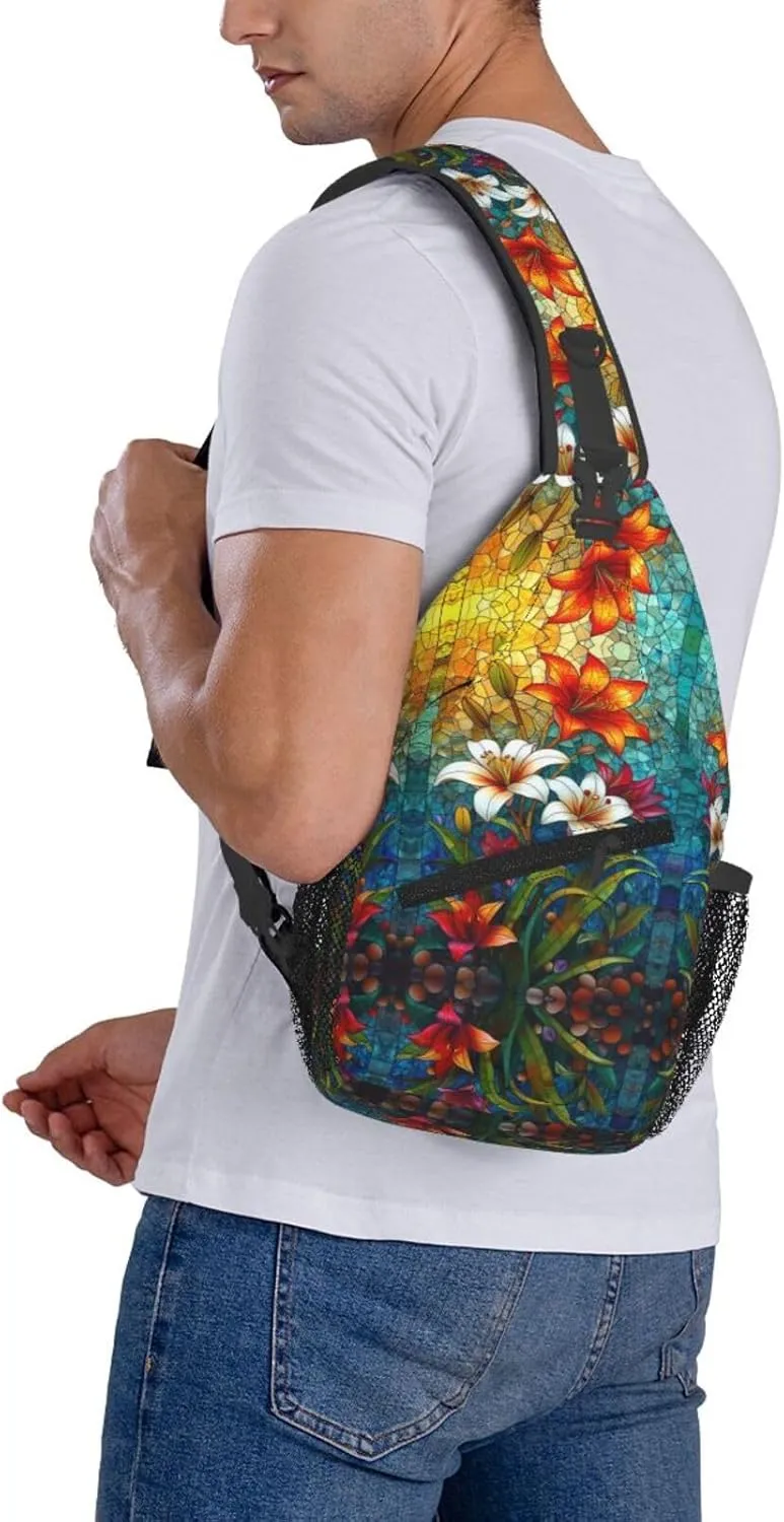 Floral Stainless Glass Rustic Farmland Sling Bag For Men Crossbody Backpack,Women Shoulder Bag For Travel Sport