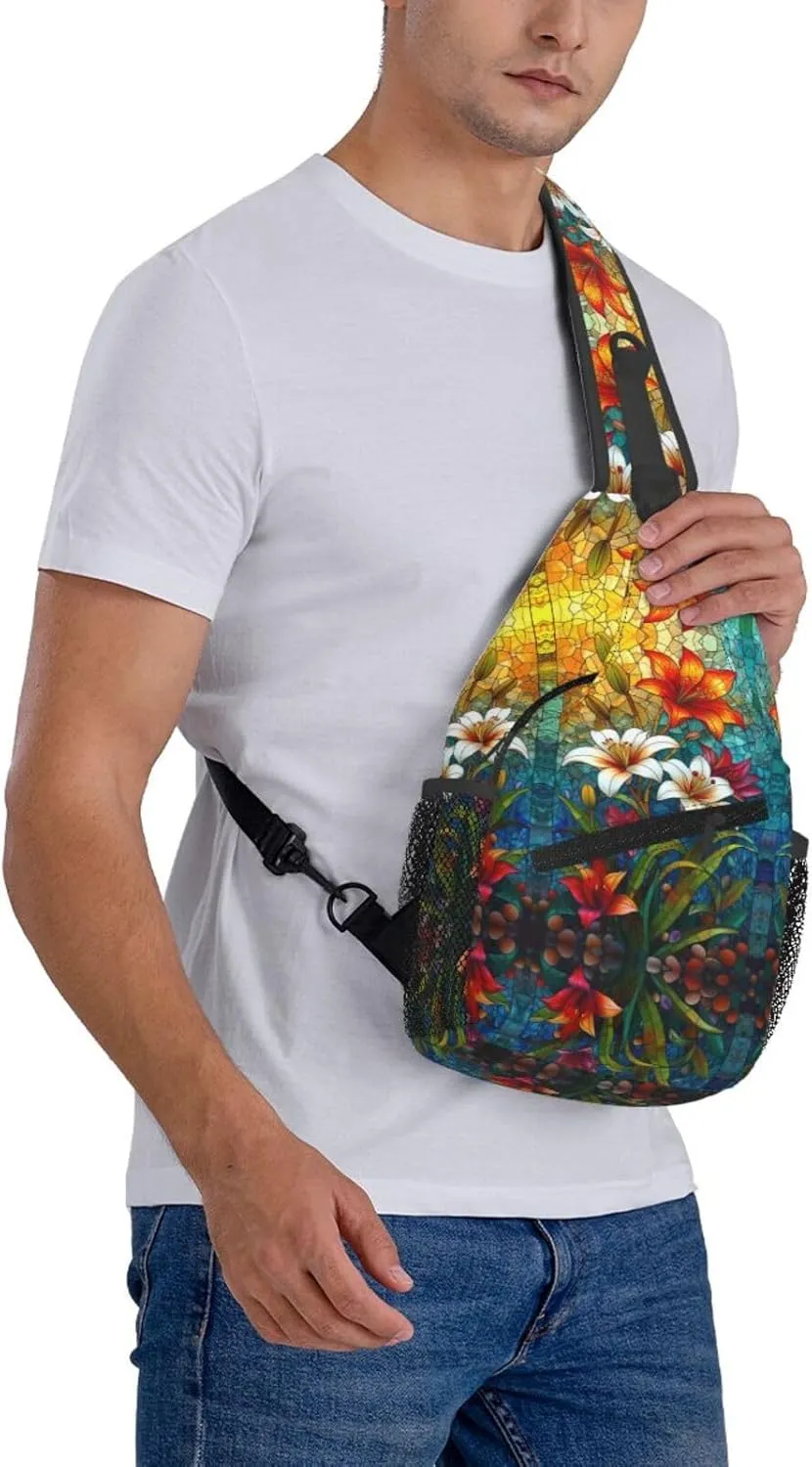 Floral Stainless Glass Rustic Farmland Sling Bag For Men Crossbody Backpack,Women Shoulder Bag For Travel Sport