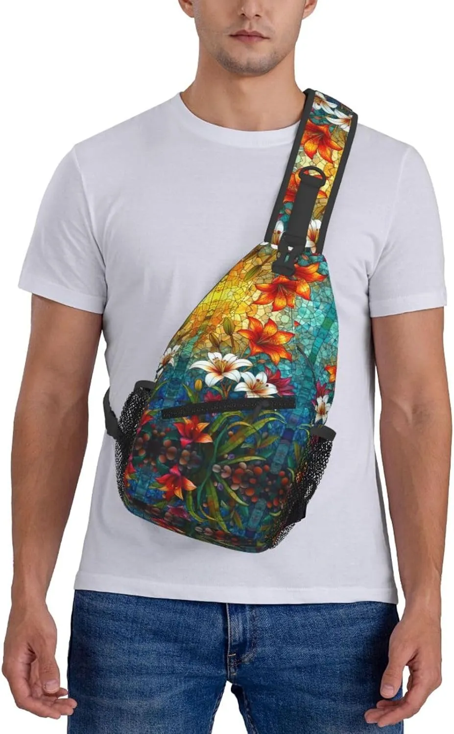 Floral Stainless Glass Rustic Farmland Sling Bag For Men Crossbody Backpack,Women Shoulder Bag For Travel Sport