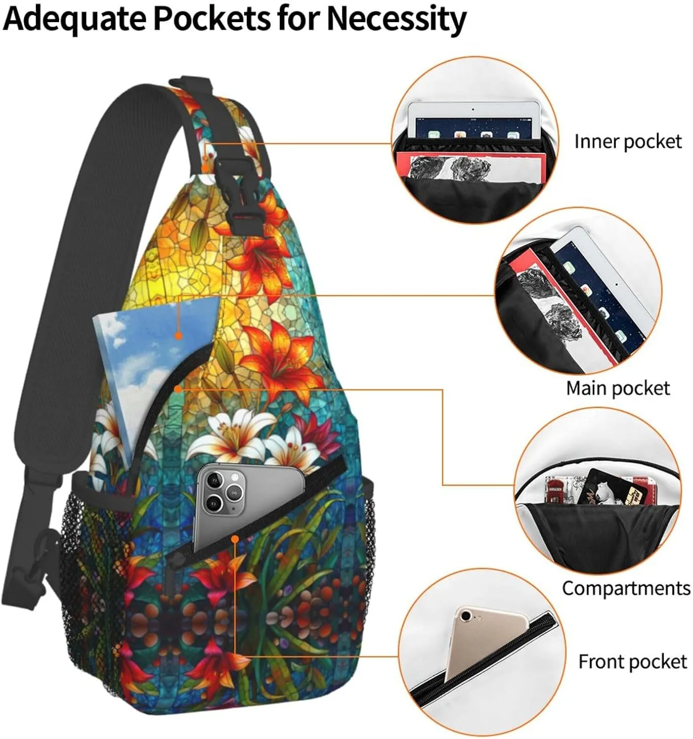 Floral Stainless Glass Rustic Farmland Sling Bag For Men Crossbody Backpack,Women Shoulder Bag For Travel Sport