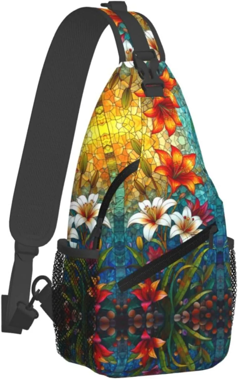 Floral Stainless Glass Rustic Farmland Sling Bag For Men Crossbody Backpack,Women Shoulder Bag For Travel Sport