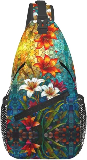 Floral Stainless Glass Rustic Farmland Sling Bag For Men Crossbody Backpack,Women Shoulder Bag For Travel Sport
