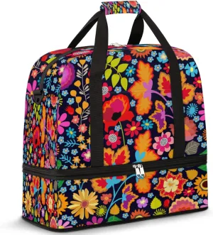 Flower Floral Asters Poppy Sunflower Foldable Travel Duffel Bag Tote Carry on Luggage Sport Duffle for Women Men Gym Bag Overnight Weekender Bags with Shoe Compartments and Shoulder Strap