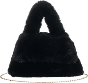 Fluffy Tote Bag for Woman Plush Shoulder Handbag Furry Faux Fur Purse for Winter (Black)