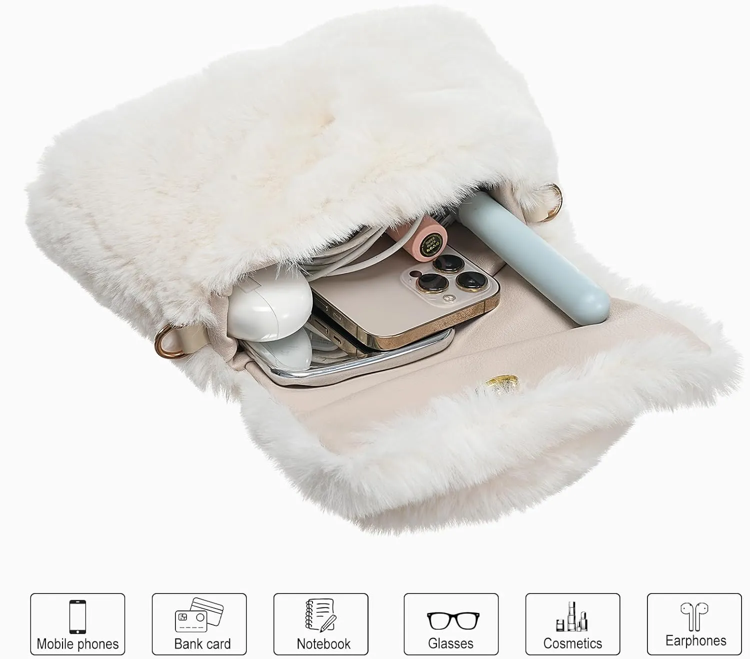 Fluffy Tote Bag for Woman Plush Shoulder Handbag Furry Faux Fur Purse for Winter