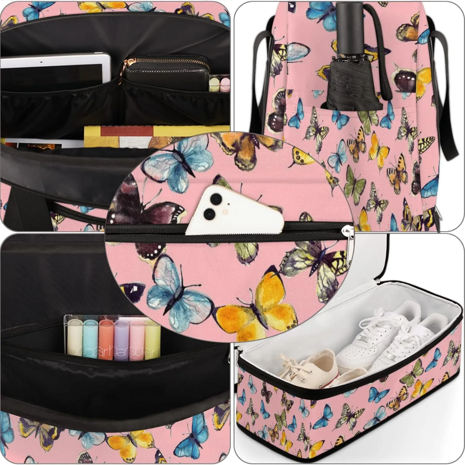 Foldable Travel Duffel Bag with Shoe Compartments Carry on Luggage Sport Duffle Tote for Women Men Gym Bag Overnight Weekender Bags (Butterfly pattern)