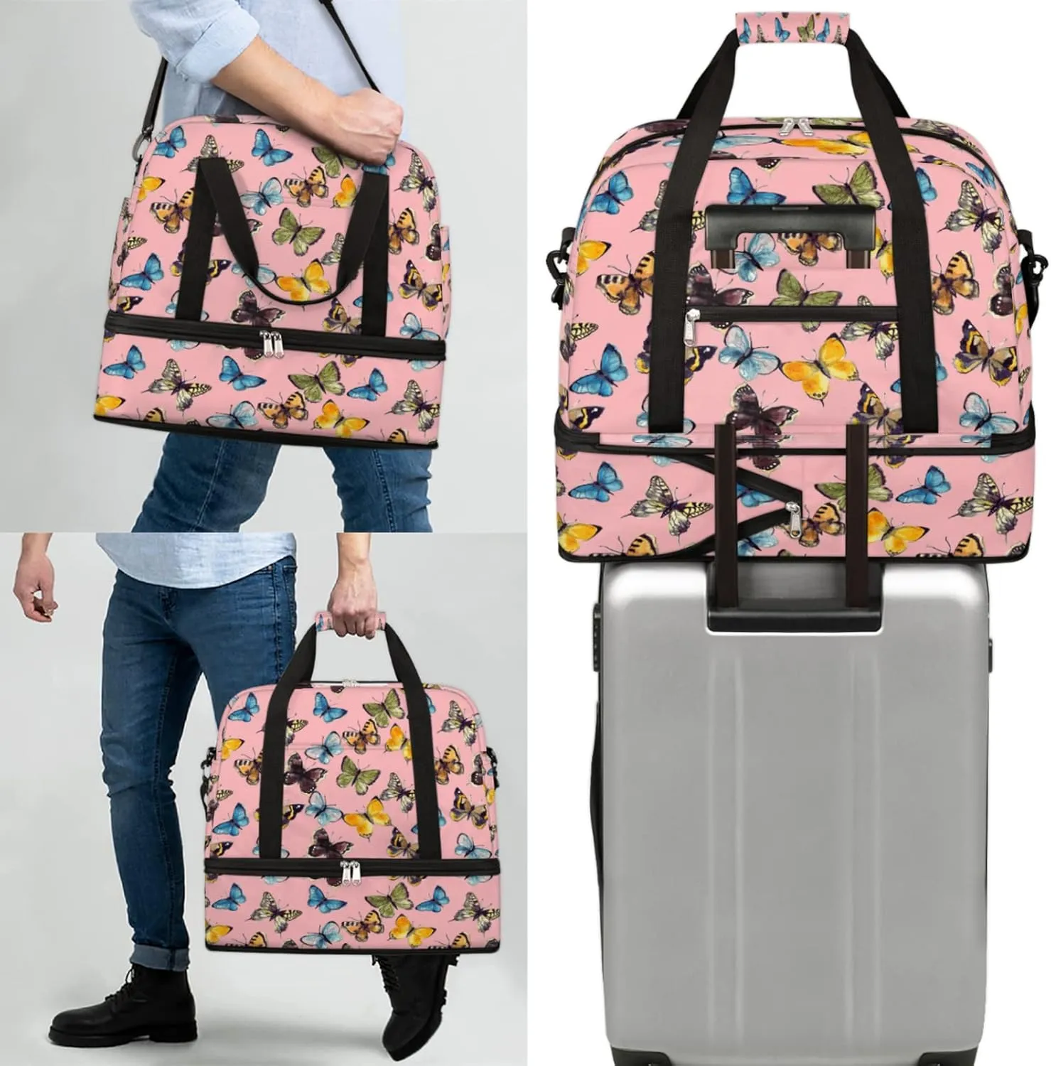 Foldable Travel Duffel Bag with Shoe Compartments Carry on Luggage Sport Duffle Tote for Women Men Gym Bag Overnight Weekender Bags (Butterfly pattern)