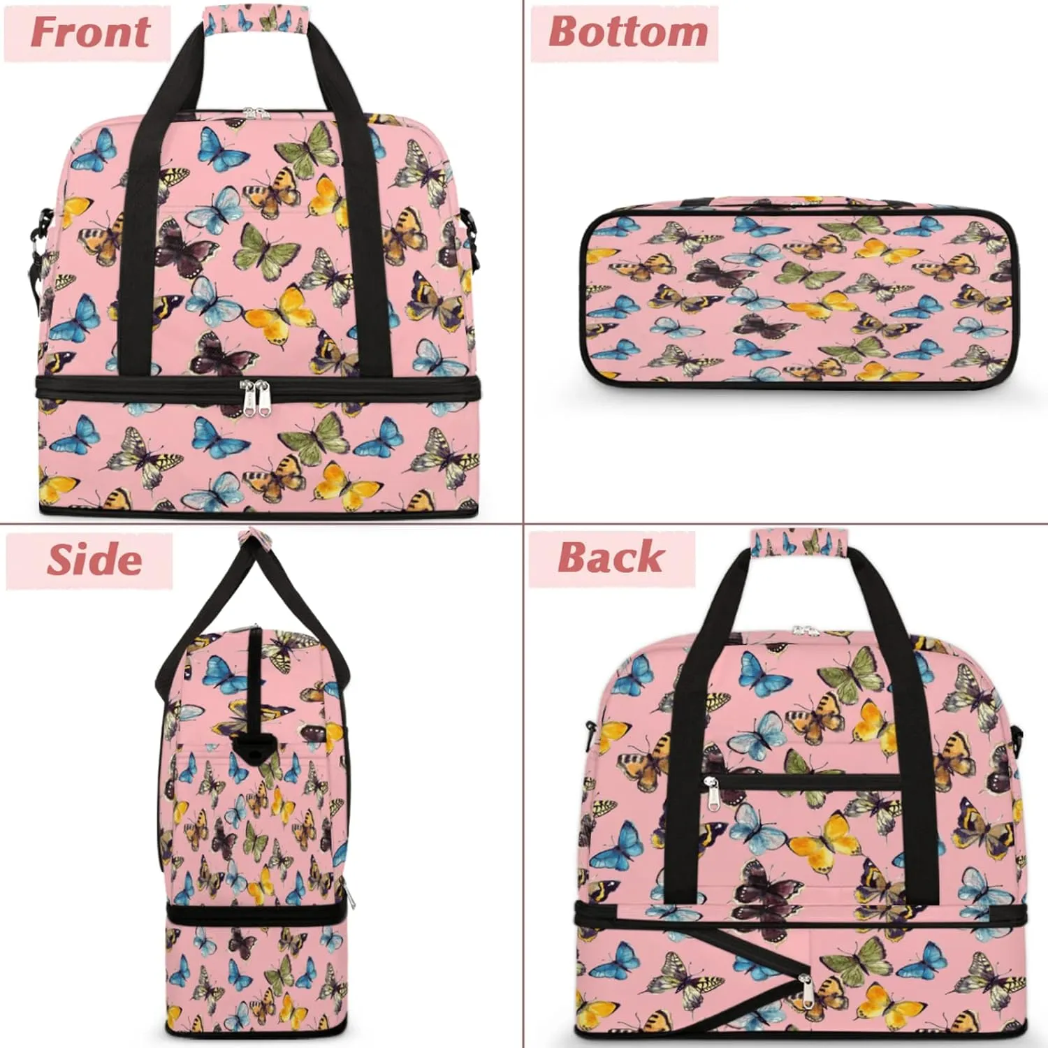 Foldable Travel Duffel Bag with Shoe Compartments Carry on Luggage Sport Duffle Tote for Women Men Gym Bag Overnight Weekender Bags (Butterfly pattern)
