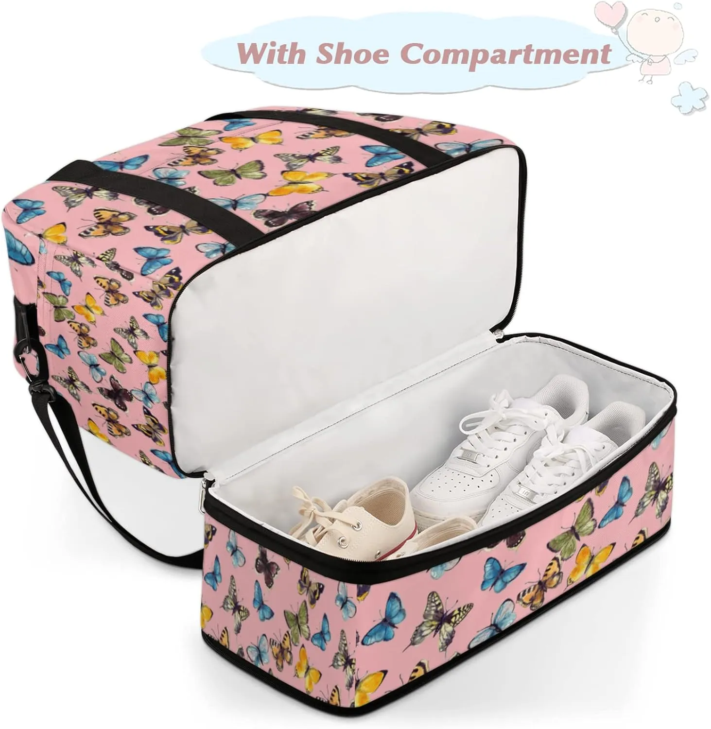 Foldable Travel Duffel Bag with Shoe Compartments Carry on Luggage Sport Duffle Tote for Women Men Gym Bag Overnight Weekender Bags (Butterfly pattern)