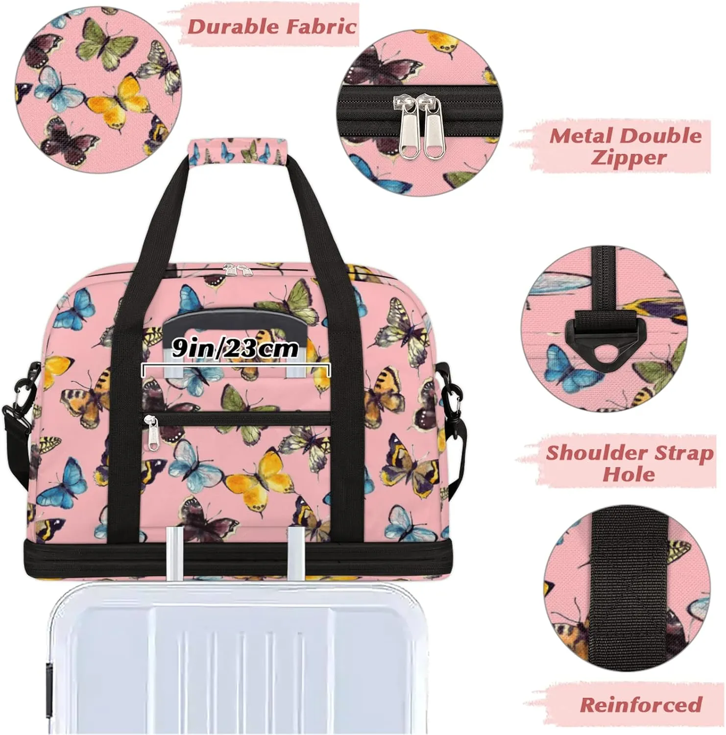 Foldable Travel Duffel Bag with Shoe Compartments Carry on Luggage Sport Duffle Tote for Women Men Gym Bag Overnight Weekender Bags (Butterfly pattern)