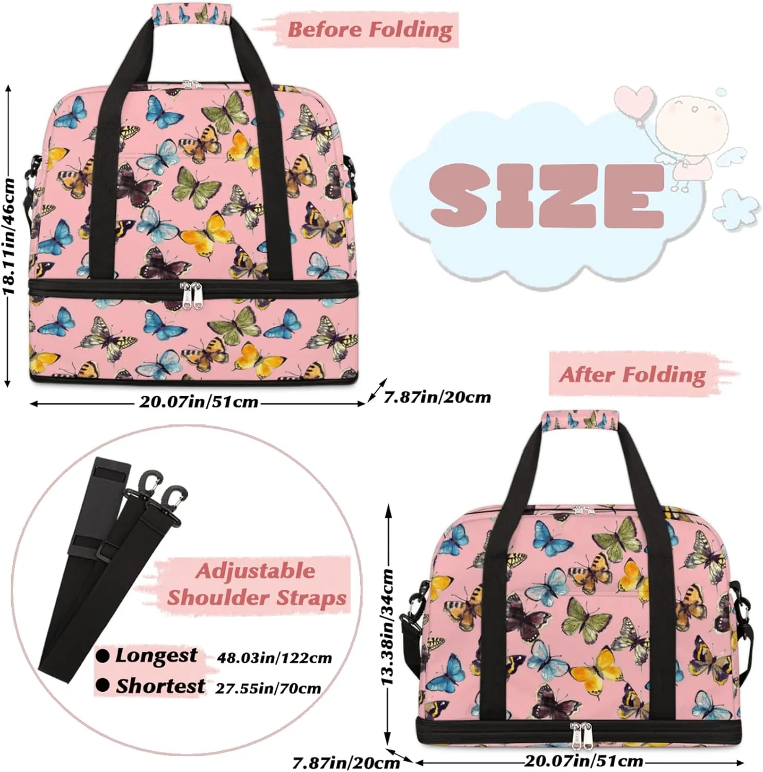 Foldable Travel Duffel Bag with Shoe Compartments Carry on Luggage Sport Duffle Tote for Women Men Gym Bag Overnight Weekender Bags (Butterfly pattern)