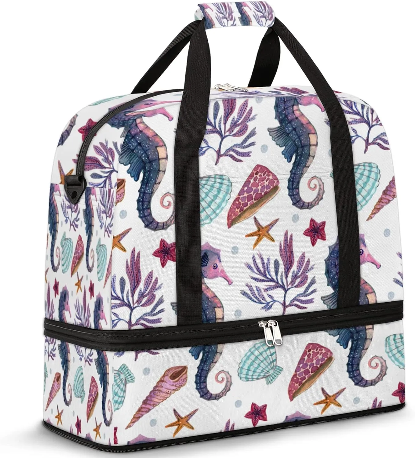 Foldable Travel Duffel Bag with Shoe Compartments Carry on Luggage Sport Duffle Tote for Women Men Gym Bag Overnight Weekender Bags (Sea Horse)