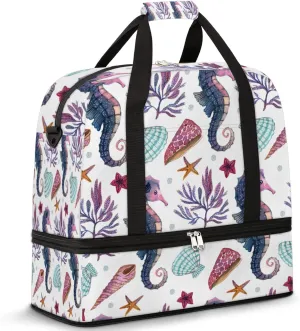 Foldable Travel Duffel Bag with Shoe Compartments Carry on Luggage Sport Duffle Tote for Women Men Gym Bag Overnight Weekender Bags (Sea Horse)