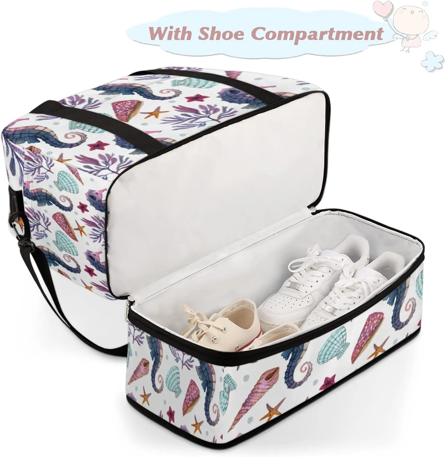 Foldable Travel Duffel Bag with Shoe Compartments Carry on Luggage Sport Duffle Tote for Women Men Gym Bag Overnight Weekender Bags (Sea Horse)