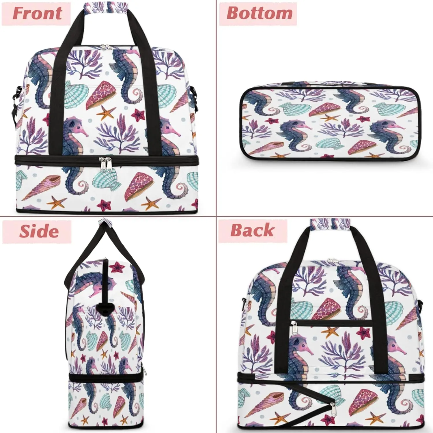 Foldable Travel Duffel Bag with Shoe Compartments Carry on Luggage Sport Duffle Tote for Women Men Gym Bag Overnight Weekender Bags (Sea Horse)