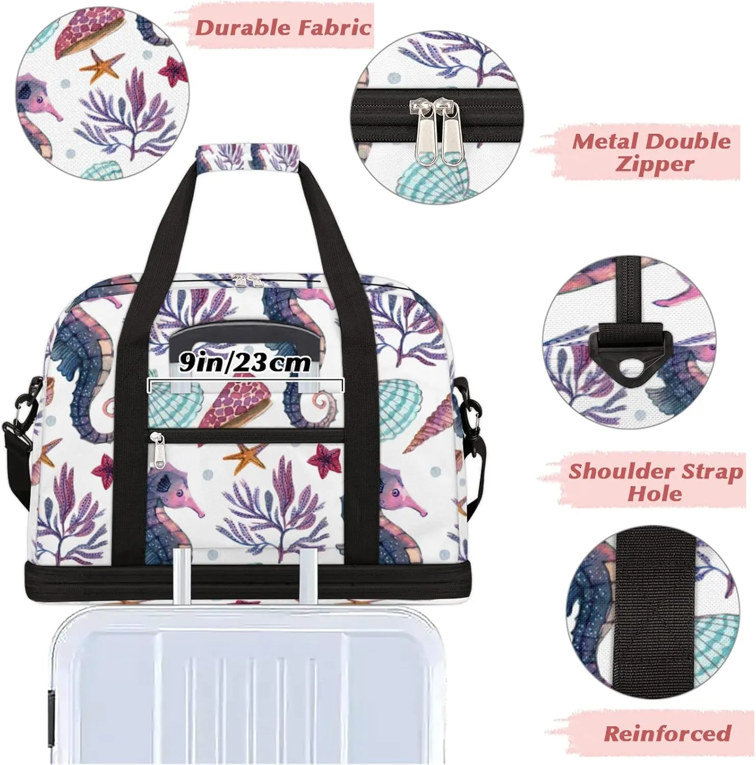 Foldable Travel Duffel Bag with Shoe Compartments Carry on Luggage Sport Duffle Tote for Women Men Gym Bag Overnight Weekender Bags (Sea Horse)