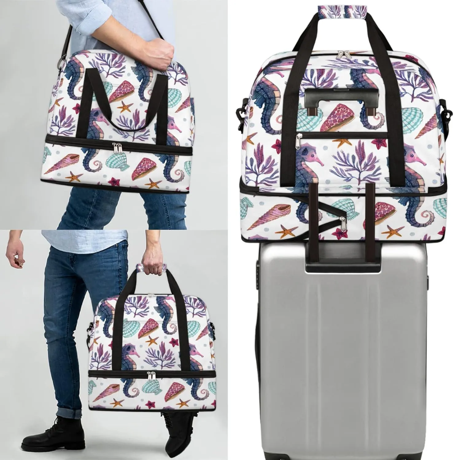 Foldable Travel Duffel Bag with Shoe Compartments Carry on Luggage Sport Duffle Tote for Women Men Gym Bag Overnight Weekender Bags (Sea Horse)