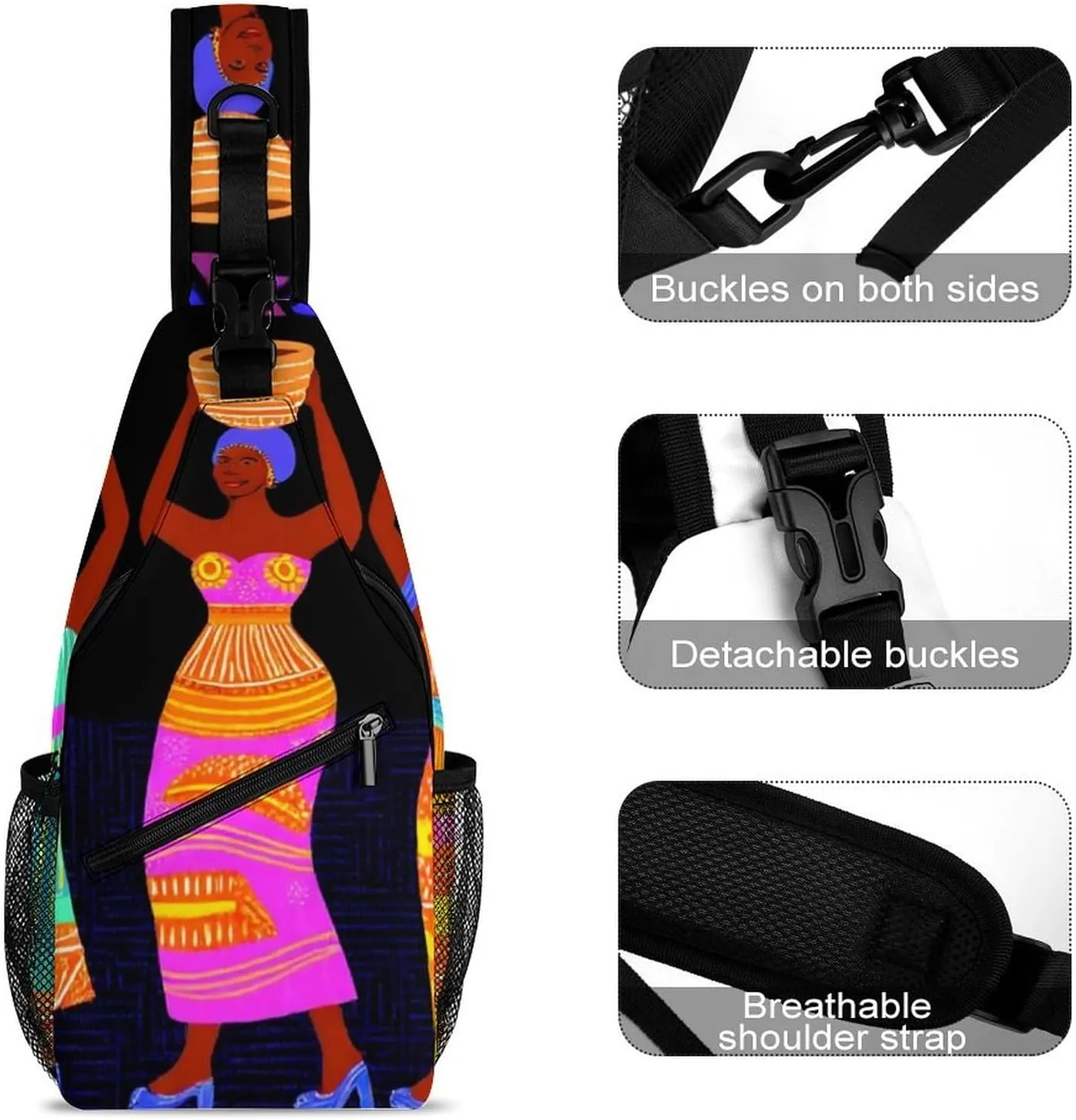 Funny Colorful Ethnic Dress Traditional African Black Women Chest Bag for Sports, Women Men Causal Sling Bag Shoulder Pack Crossbody Backpack with Detachable Buckles for Hiking Daypack