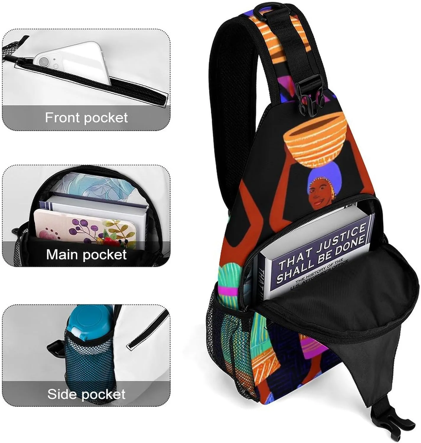 Funny Colorful Ethnic Dress Traditional African Black Women Chest Bag for Sports, Women Men Causal Sling Bag Shoulder Pack Crossbody Backpack with Detachable Buckles for Hiking Daypack