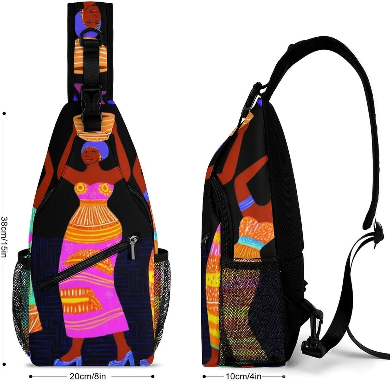 Funny Colorful Ethnic Dress Traditional African Black Women Chest Bag for Sports, Women Men Causal Sling Bag Shoulder Pack Crossbody Backpack with Detachable Buckles for Hiking Daypack