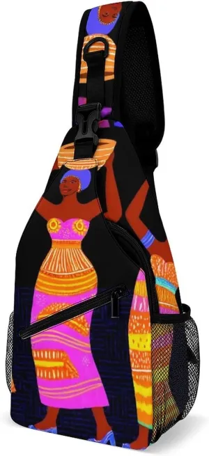 Funny Colorful Ethnic Dress Traditional African Black Women Chest Bag for Sports, Women Men Causal Sling Bag Shoulder Pack Crossbody Backpack with Detachable Buckles for Hiking Daypack