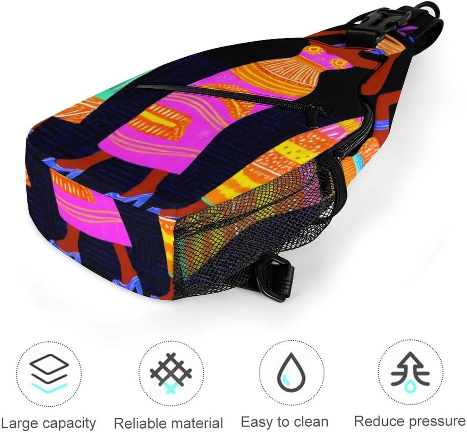 Funny Colorful Ethnic Dress Traditional African Black Women Chest Bag for Sports, Women Men Causal Sling Bag Shoulder Pack Crossbody Backpack with Detachable Buckles for Hiking Daypack