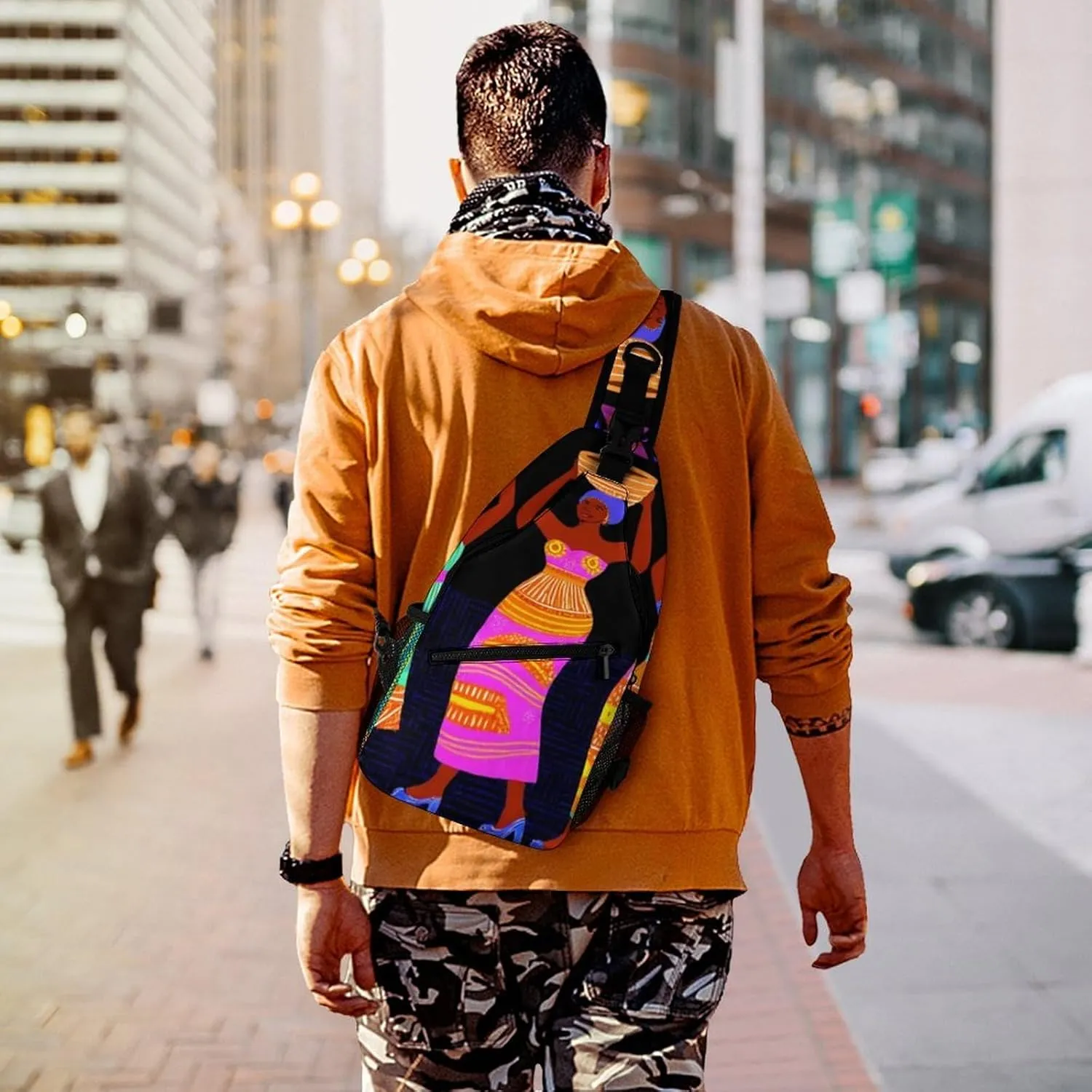 Funny Colorful Ethnic Dress Traditional African Black Women Chest Bag for Sports, Women Men Causal Sling Bag Shoulder Pack Crossbody Backpack with Detachable Buckles for Hiking Daypack