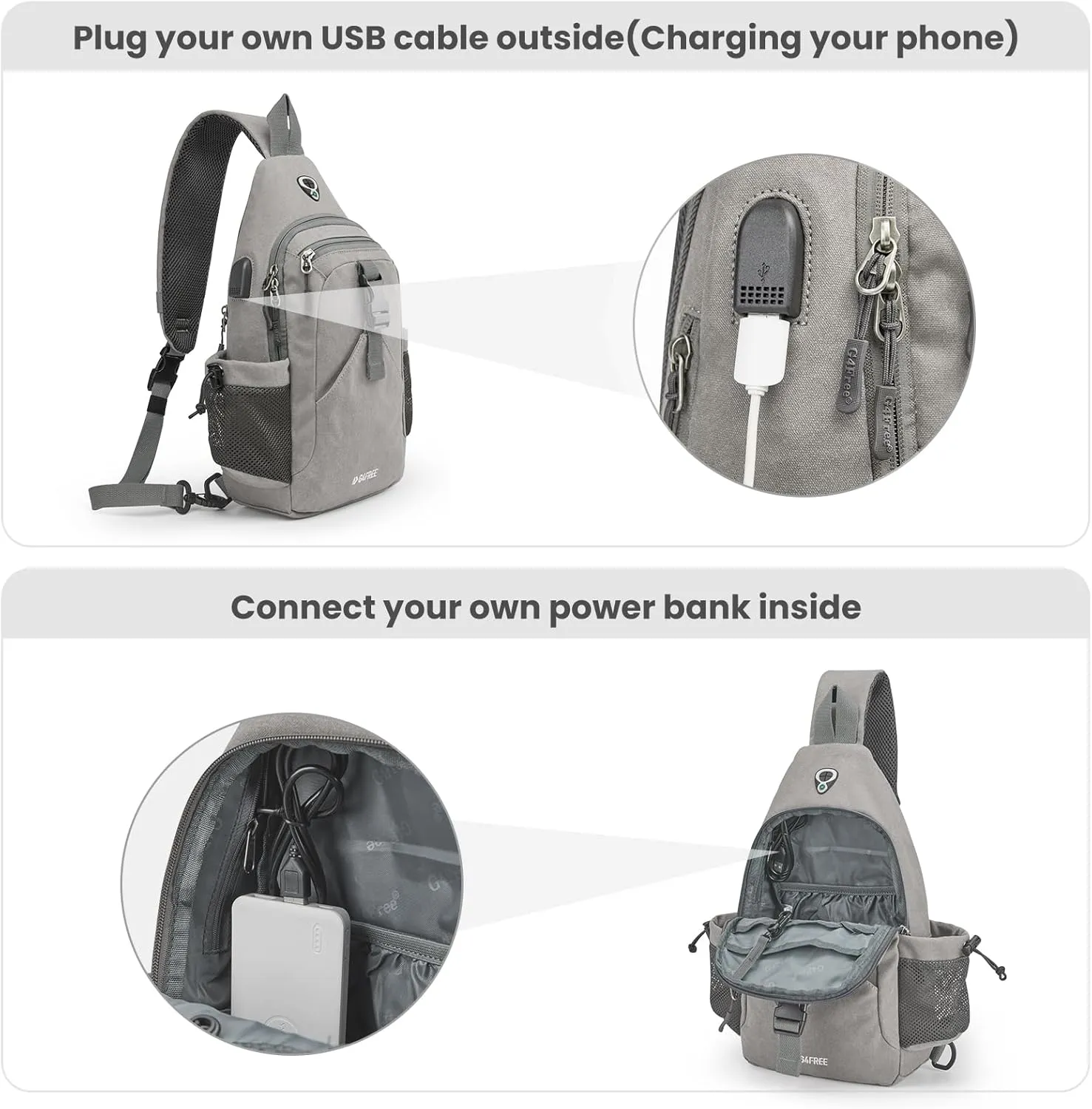 G4Free Canvas Sling Bag Crossbody Backpack with USB Charging Port & RFID Blocking, Hiking Daypack Chest Bag for Women Men
