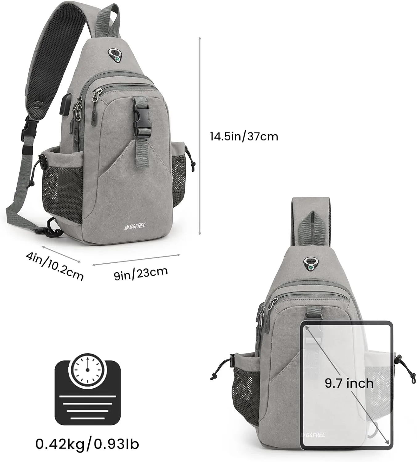 G4Free Canvas Sling Bag Crossbody Backpack with USB Charging Port & RFID Blocking, Hiking Daypack Chest Bag for Women Men